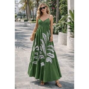 Japna Green Tropical Leaf Print Cotton Maxi Dress Smocked V-Neck Small NWOT